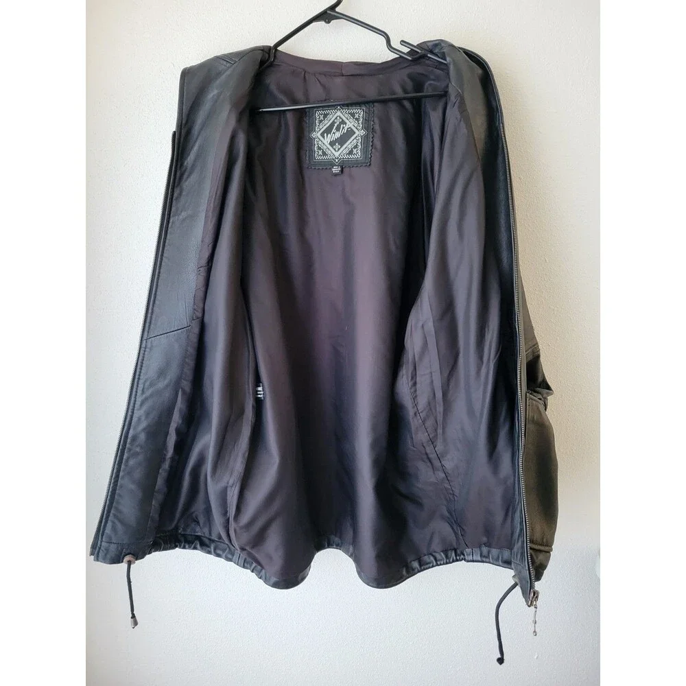 Winlit Vintage Black Leather Hooded Jacket S Longline 90s Y2K Streetwear